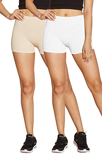 Urban Look Super Stretch Body Enhancing Seamless Ribbed Slip Shorts Biker Shorts for Under Dresses and Workout (Small/Medium, 2Pack Short Nude/White)