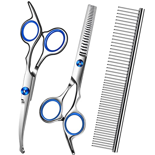 Dog Grooming Scissors with Safety Round Tip,Pet Grooming Kit,Dog Shears Set,Incude Thinning,Curved Grooming Scissors and Comb for dogs, cats.Suitable for The Right Hand