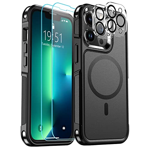 SUPFINE Magnetic for iPhone 13 Pro Max Phone Case [Compatible with MagSafe] [10 FT Military Grade Drop Protection] 2X[ Tempered Glass Screen Protector+Camera Lens Protector] Non-Slip Case,Black