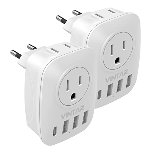 [2-Pack] European Travel Plug Adapter, VINTAR International Power Plug Adapter with 2 Outlets, 3 USB and 1 USB-C, 6 in 1 Travel Essentials for US to Most of Europe EU Italy France Spain Greece, Type C