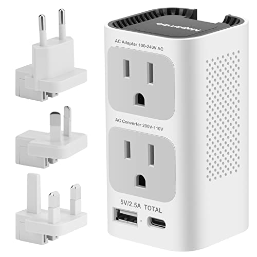 Universal Travel Adapter 220V to 110V Voltage Converter US to Europe, Inernational Power Plug Adapter with 1 USB Port 1 USB C for EU/UK/AU/US Worldwide Travel Plug Adapter