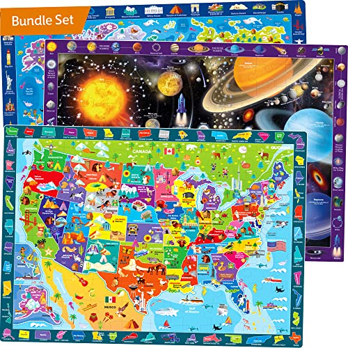 100 Piece Puzzles Games for Kids Ages 4-8  3 Pack Floor Puzzles for Kids 8-10 Year Old by QUOKKA  World USA Map & Space Educational Toys 5-7  United States Learning for Boys & Girls 3-5