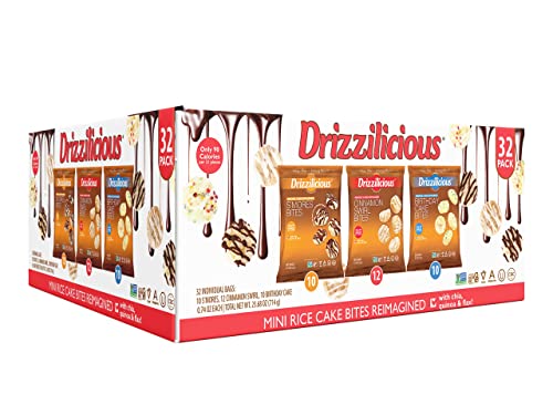 Drizzilicious Variety Pack .74oz 32 count | S'mores, Cinnamon Swirl and Birthday Cake | Mini Snack Chocolatey Rice Cakes | Vegan Air Popped Chia, Quinoa, Flax Snack 