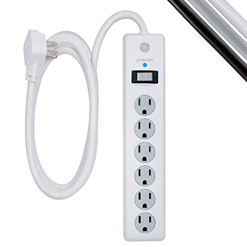 GE 6-Outlet Surge Protector, 6 Ft Extension Cord, Power Strip, 800 Joules, Flat Plug, Twist-to-Close Safety Covers, Protected Indicator Light, UL Listed, White, 67051