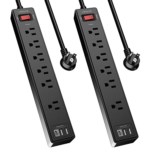 2 Pack Power Strip Surge Protector with 6 Feet, QINLIANF 6 AC Outlets and 3 USB Ports, 6Ft Extension Cord Flat Plug for Home, Office, Dorm Essentials, 1680 Joules, ETL Listed, Black