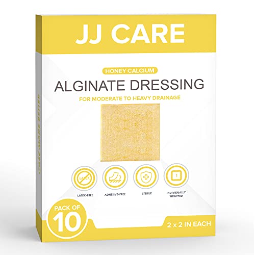 JJ CARE Honey Calcium Alginate Dressing [Pack of 10], 2x2 Manuka Honey Wound Care Pads, Medical Grade Honey Patches, Latex-Free Wound Dressing, Sterile and Individually Packed