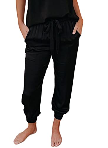 Dokotoo Womens Ladies Plus Size Summer Comfy Casual Loose Lightweight Drawstring Tie Elastic Waist Linen Jogging Jogger Pants Sweatpants for Women with Pockets Black 2XL