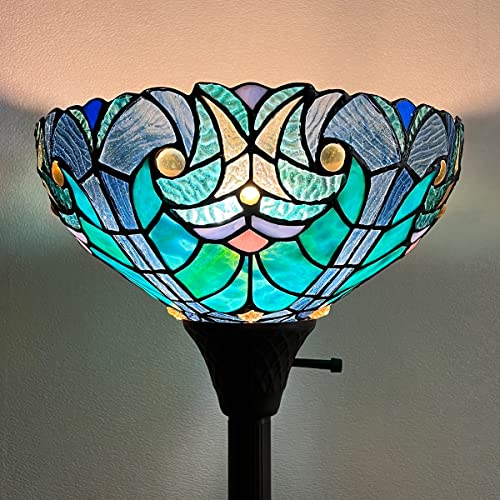 COTOSS Tiffany Torchiere Floor Lamp,Stained Glass Lamp Shade,Vintage Antique Victorian Round Tiffany Style Standing Light for Living Room and Bedroom