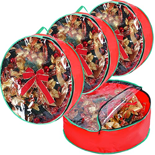 Queekay 4 Pack Christmas Wreath Storage Bag Garland Holiday Container with Clear Window Xmas Decorative Wreath Storage Container Wreath Boxes for Storage Christmas Wreath Storage, 30 Inch (Red)