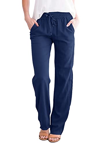 ROSKIKI Women's Casual Summer Capris Linen Solid Drawstring Cropped Jogger Harem Pants with Pockets Blue Large