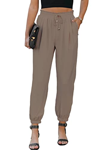 Dokotoo Joggers for Women Pajama Linen Pants for Women 2023 Spring Summer Soft Comfy Soft Comfy High Waisted Teacher Pants with Pockets Satin Womens Dress Pants Khaki XL