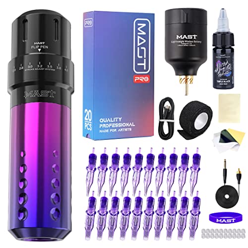 Mast Flip Rotary Machine Wireless Tattoo Pen Kit Tattoo T1 Battery Supply Power Cartridges Needles (Flip Purple Kit)