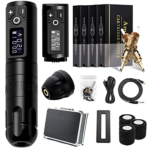 Ambition Soldier Wireless Tattoo Machine Kit Complete Rotary Coreless Motor Tattoo Pen Kit with Extra 2400mAh Battery 80pcs Premium Mixed Size Cartridge Needles Supply for Professional Tattoo Artist