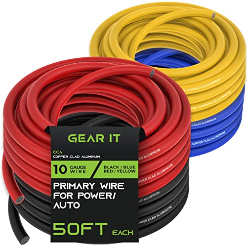 GearIT 10 Gauge Wire (50ft Each- Black/Red/Blue/Yellow) Copper Clad Aluminum CCA - Primary Automotive Power/Ground Battery Cable, Car Audio, Trailer Harness, Electrical - 200 Feet Total 10ga AWG Wire