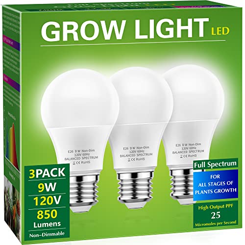 Briignite Grow Light Bulbs, Full Spectrum Grow Light Bulb, LED Grow Light Bulb A19 Bulb, Plant Light Bulbs E26 Base, 9W Grow Bulb 100W Equivalent, Grow Light for Indoor Plants, Seed Starting, 3 Pack