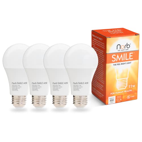 NorbSMILE Full-Spectrum Sunlike Premium A19 LED Light Bulb. Boosts Energy, Mood & Performance. Supports Circadian Rhythm. Near-Perfect Color Rendering. Patented Technology US Based (4-Pack)