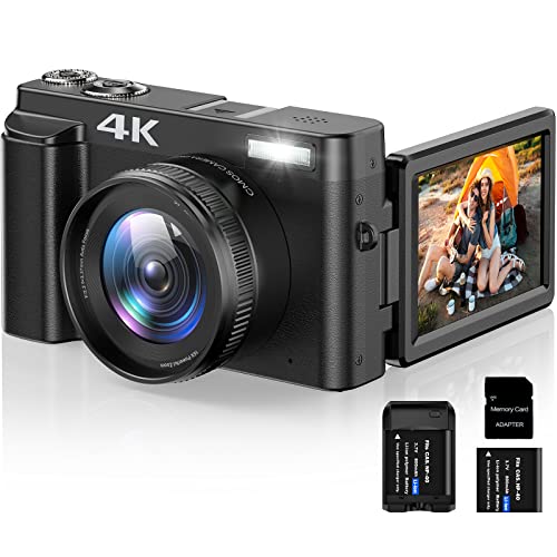 4K Digital Camera for Photography and Video Autofocus 16X Digital Zoom, 48MP Vlogging Camera with 32GB SD Card, 3'' 180 Flip Screen Compact Camera for Travel,2 Batteries Charger Stand