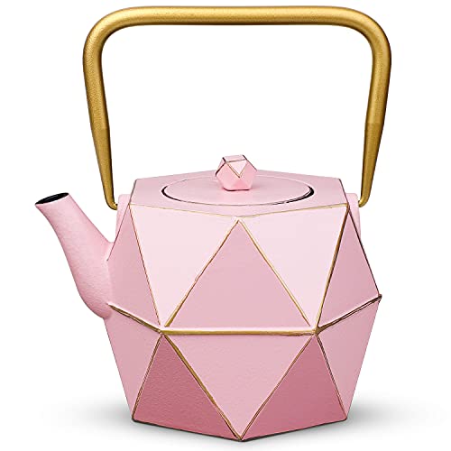 Toptier Cast Iron Teapot, Stovetop Safe Japanese Cast Iron Tea Kettle, Diamond Design Tea Pot with Removable Infuser for Loose Tea, 30 Ounce (900 ml), Pink