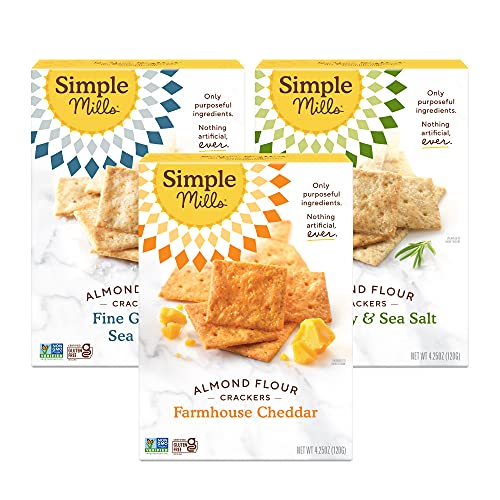 Simple Mills Almond Flour Crackers, Snacks Variety Pack (Fine Ground Sea Salt, Rosemary & Sea Salt, Farmhouse Cheddar) - Gluten Free, Healthy Snacks, Plant Based, 4.25 Ounce (Pack of 3)