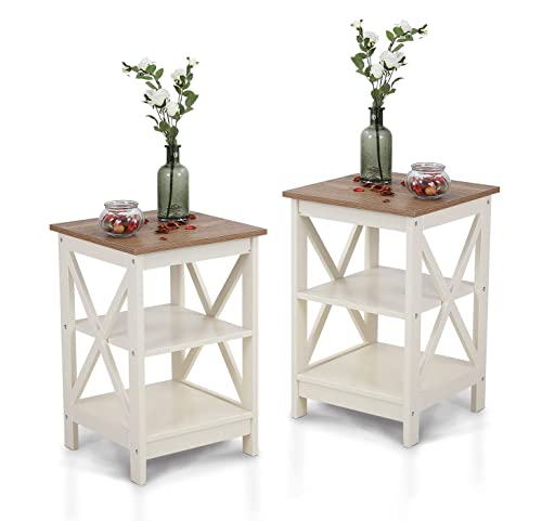 MAISON ARTS End Tables Living Room Set of 2 Farmhouse Side Tables 3-Tiers Rustic Nightstands with Storage for Bedroom, Modern Wood Look Mid Century Accent Furniture, Easy Assembly, Ivory