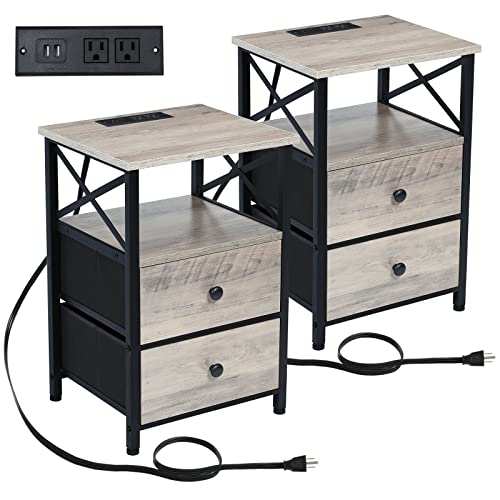 Amhancible End Table with Charging Station, Nightstand Set of 2 with Fabric Drawer, Small Side Table Living Room with USB Ports and Outlets for Small Spaces Bedroom Ivory Grey and Black 05XGY