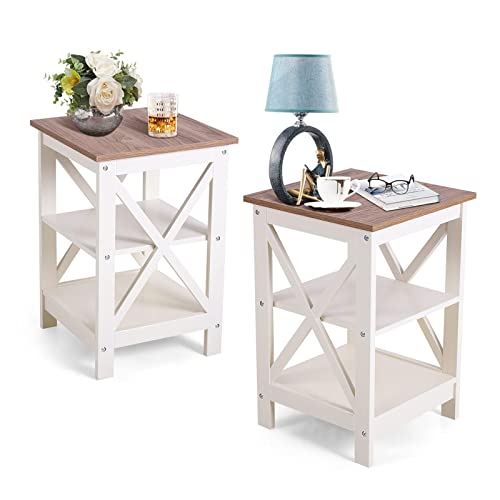 Sophia & William Farmhouse End Table Set of 2 with Storage Shelves, 3-Tier Sofa Side Table Nightstand Bedside Table for Living Room Bedroom Office, Ivory