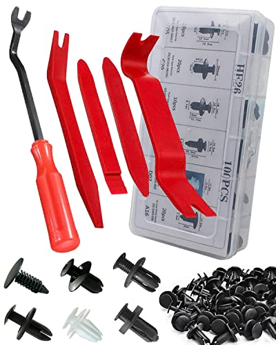 Yliebeter 105 Pcs Auto Trim Removal Tool Kit, Plastic Pry Bar Set with Plastic Rivets for Car Door Panel, Audio Dashboard etc. Fastener Remover Tool Kit Red