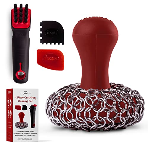Cast Iron Chain Mail Scrubber + Cleaning Brush + Pan & Grill Scrapers - The Ultimate Skillet and Grill Cleaner Kit - Soft-Touch Confident-Grip Dish Scrub Tool - Silicone and Stainless Accessories