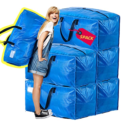 AlexHome Moving Bags Heavy Duty,Extra Large Packing Bags for Moving,Reusable Plastic Moving Totes,Clothes Storage Containers,Moving Supplies Bins,Compatible with Ikea Frakta Cart (Blue,Set of 5)