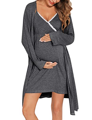 SWOMOG Womens Maternity Robe 2 Piece Nursing Nightgown for Breastfeeding 3 in 1 Labor Delivery Nursing Dress Lace Bathrobe