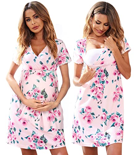 Ekouaer Pregnancy Nightgowns Maternity Dress Flowers Short Sleeve Summer Nusing Nightgown (Pink S)