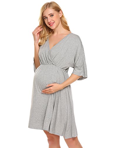 Ekouaer Hospital Nightgown Womens Short Sleeve Maternity Nursing Sleepwear,Flower Grey,Medium