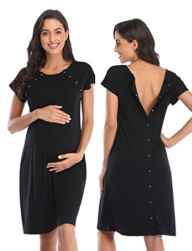 Soanhoo 3 in 1 Delivery/Labor/Nursing Nightgown Women's Maternity Hospital Gown/Sleepwear for Breastfeeding,Black,M