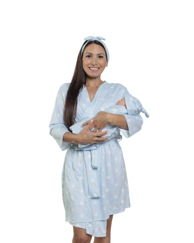 MOMMY O CLOCK Mommy Robe for Maternity and Baby Swaddle Blanket, Milk Silk Matching Delivery Robe and Swaddling Wrap for Mom and Baby (Blue Polka Dot, L/XL (12-24))