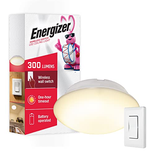 Energizer LED Ceiling Light Fixture, Battery Operated, Wireless Wall Switch Remote, 300 Lumens, Ceiling Light No Electricity, Perfect for Closets, Laundry Room, Garage, Shed and More, 58823-T1