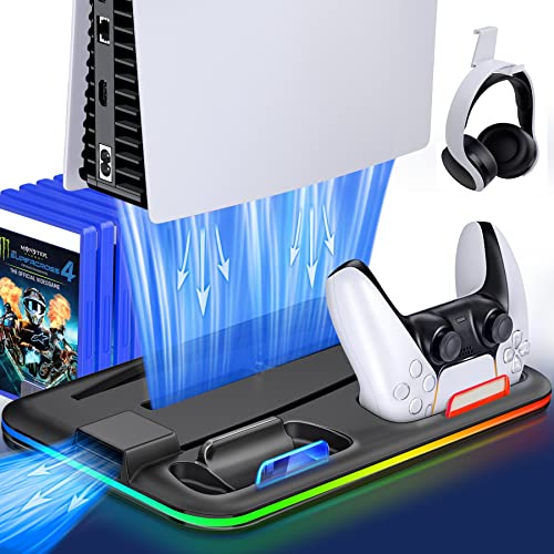 Kawaye PS5 Stand Cooling Fan for Playstation 5, PS5 Stand Vertical Stand Cooler with RGB Light & Dual Controller Charge Station, PS5 Accessories Organizer Stand with 6 Game Slots, Headset Holder,Black