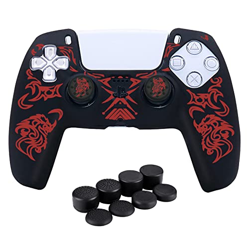 HLRAO Laser Engraving Dragon Silicone Cover Skin Case (Radiation) for PS5 Controller with 8 Thumb Grips and Laser Dragon Pattern Grips Caps x 2.