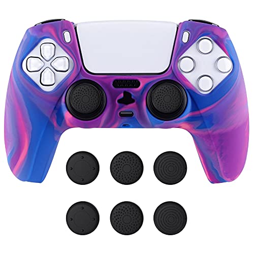 PlayVital Tri-Color Pink & Purple & Blue Camouflage Anti-Slip Silicone Cover Skin for ps5 Controller, Soft Rubber Case for PS5 Wireless Controller with Black Thumb Grip Caps