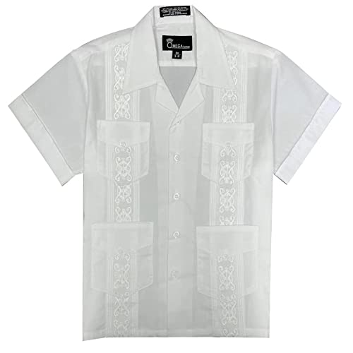 OmegaTux Kids Boys Guayabera Short Sleeve Cuban Shirt Wedding Beach Baptism-Juniors White (Large)