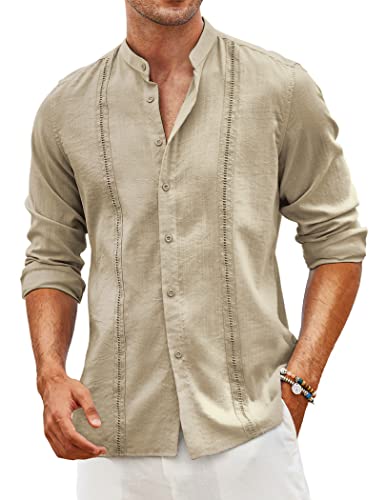 COOFANDY Men's Beach Shirts Long Sleeve Cuban Guayabera Shirt Button Down Band Collar Shirt Casual Summer Shirts Khaki