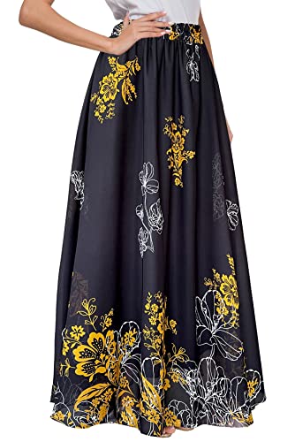 Afibi Women Floral Print Pleated Vintage Chiffon Long Maxi Skirt (Medium, Black)
