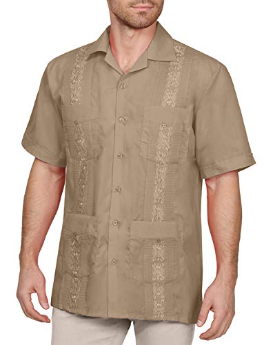 NE PEOPLE Men's Cuban Guayabera Shirt  Short Sleeve Button Down Classic Embroidered 4 Pockets Casual Top NEMT112 Khaki 3XL