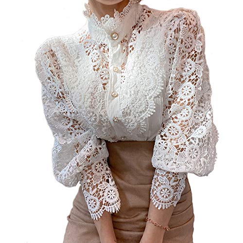 Womens Elegant Lace Trim Shirts Casual Victorian Blouse Long Sleeve Button Down Tops(S,White)