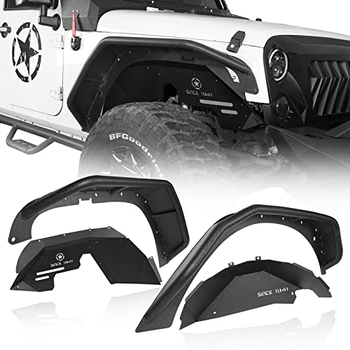 Hooke Road Tube Tubular Fender Flares & Inner Fender Liners Kit for 2007-2018 Jeep Wrangler JK 2/4 Doors, Include Front Rear Fender Flares & Inner Fenders Set