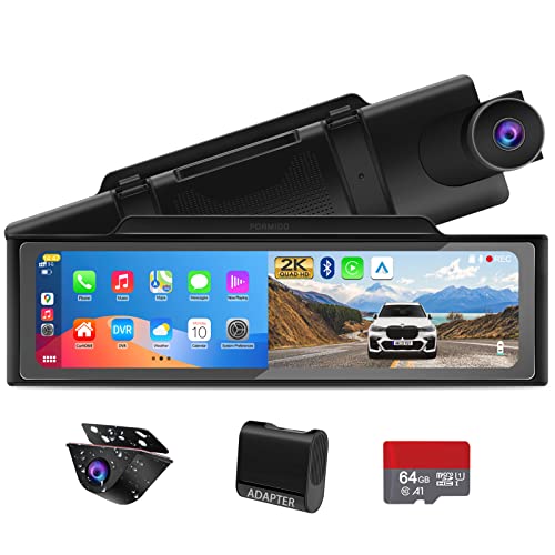 PORMIDO 2K Mirror Dash Cam Front Rear View Backup Camera with Apple Android Carplay 11' Touchscreen Portable Wireless Car Stereo Audio Receiver with Bluetooth GPS Navigation FM Voice Control 64GB Card