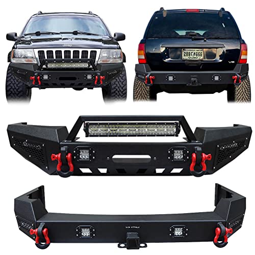 Vijay Front and Rear Bumper Compatible with 1999-2004 Jeep Grand Cherokee WJ with Winch Plate and LED Lights