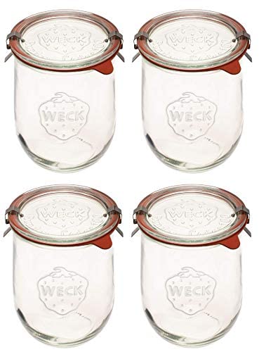 Weck Jars - Weck Tulip Jars 1 Liter - Sour Dough Starter Jars - Large Glass Jars for Sourdough with Glass Lid, Wide Mouth - Suitable for Canning and Storage - 4 Jars