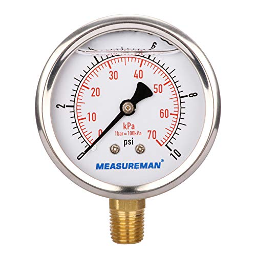 MEASUREMAN 2-1/2" dial, 1/4"NPT Lower, Glycerin Filled, Stainless Steel case, Brass Inside, 0-10psi/kpa