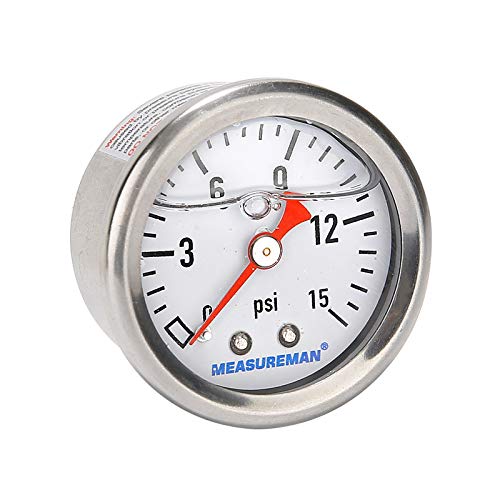 MEASUREMAN 1-1/2" Dial Size, Glycerin Filled Fuel Pressure Gauge, 304 Stainless Steel case, 0-15Psi, 3-2-3%, 1/8"NPT Back Mount