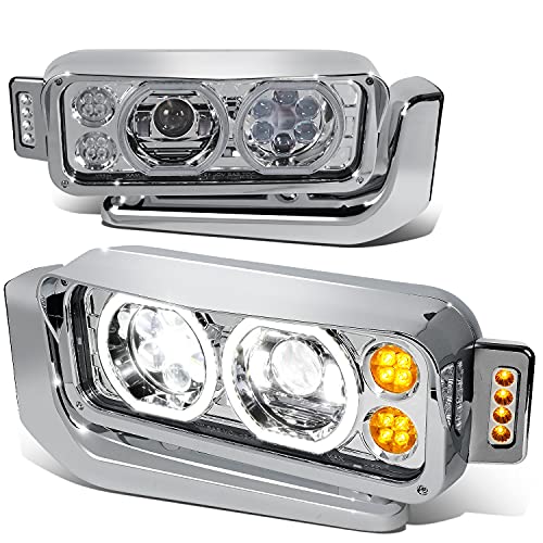 Auto Dynasty LED Halo Rings DRL Turn Signal Dual Projector Headlight Compatible with Peterbilt 359 379 389 81-21, Driver and Passenger Side, Chrome Housing